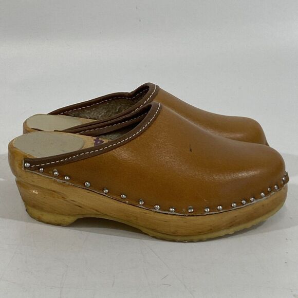 Vintage Girls Swedish Bastad-Toffeln Wood & Tan Leather Clogs Size 24 Us 8 - Picture 1 of 11